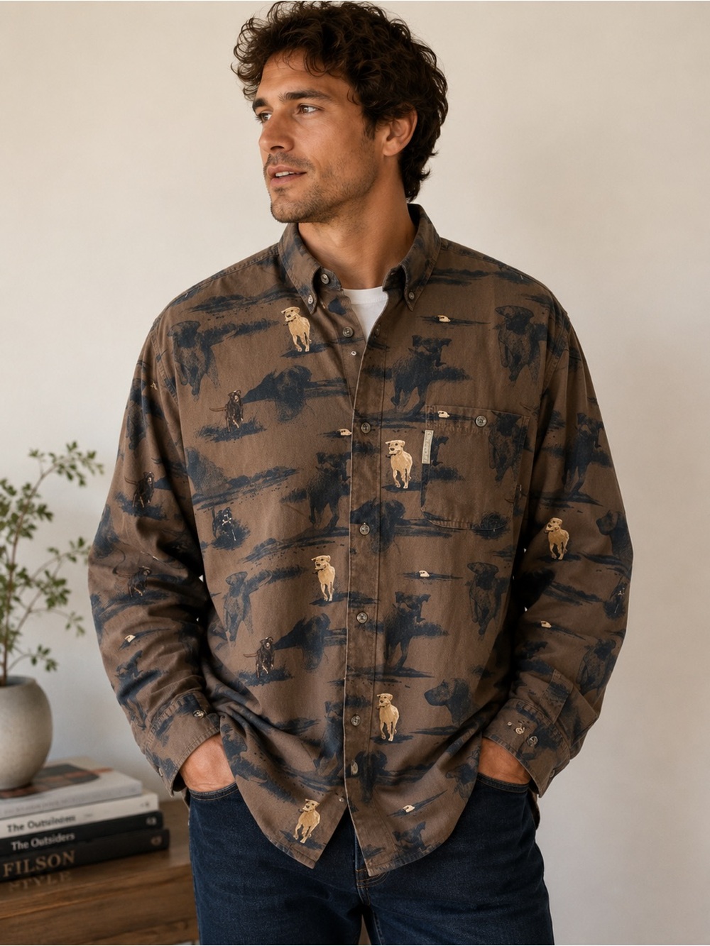 Columbia River Lodge Shirt Mens Dog Print Button Up Long Sleeve Outdoor Size XL‎